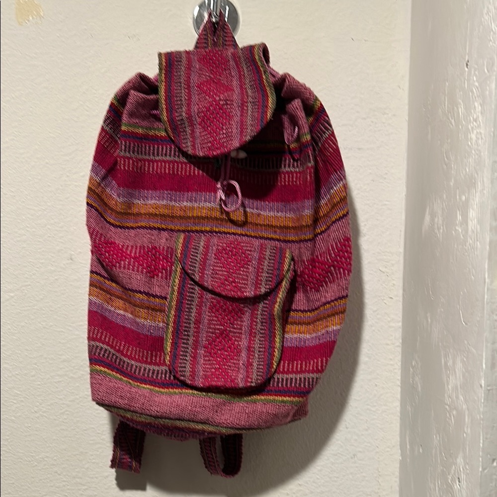 Vibrant Pink and Red Backpack with Striped Pattern